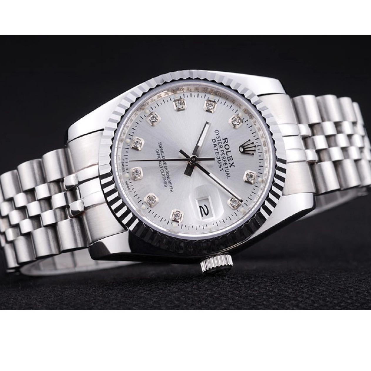 Aaa replica watch Datejust Ribbed Rolex 7455 Silver Diamonds Dial Bezel 0716